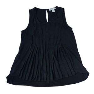 August Silk Pleated Tank Top Sleeveless Keyhole‎ Casual Blouse Black L
